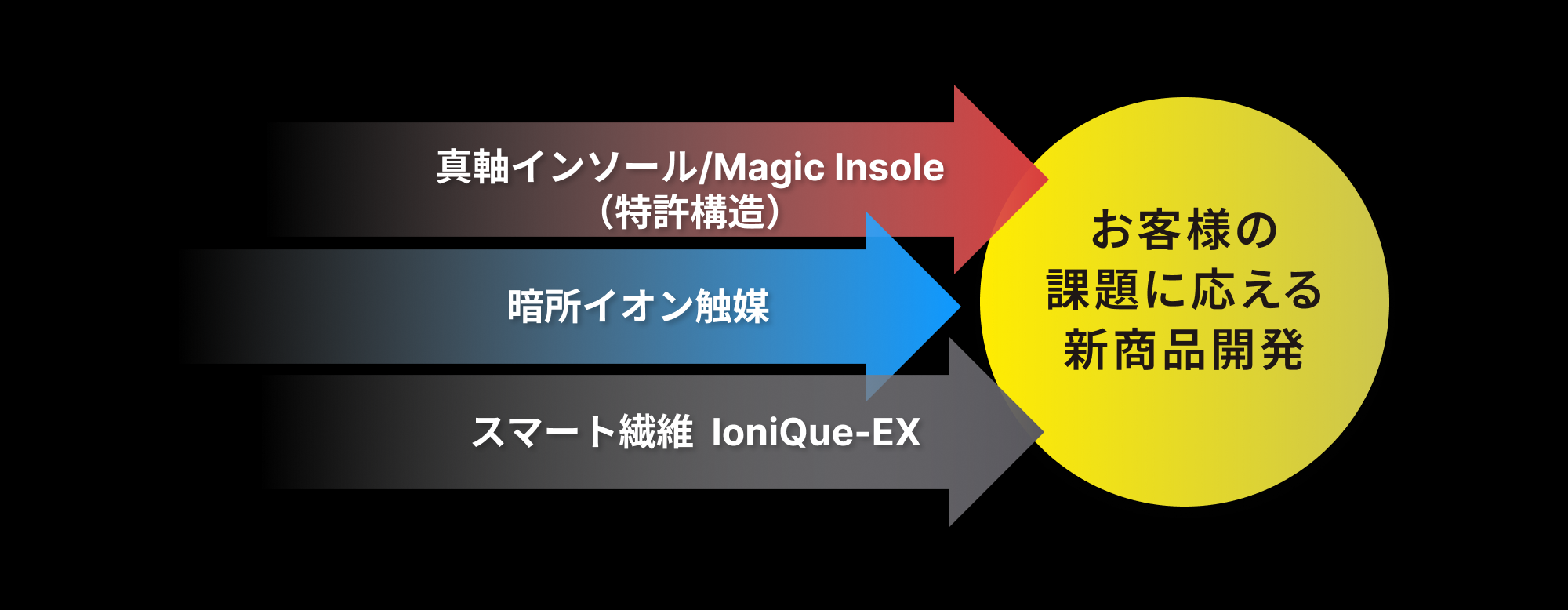 真軸インソール/Magic Insole（特許構造）・暗所イオン触媒・スマート繊維 IoniQue-EX を組み合わせたインソールの概念図